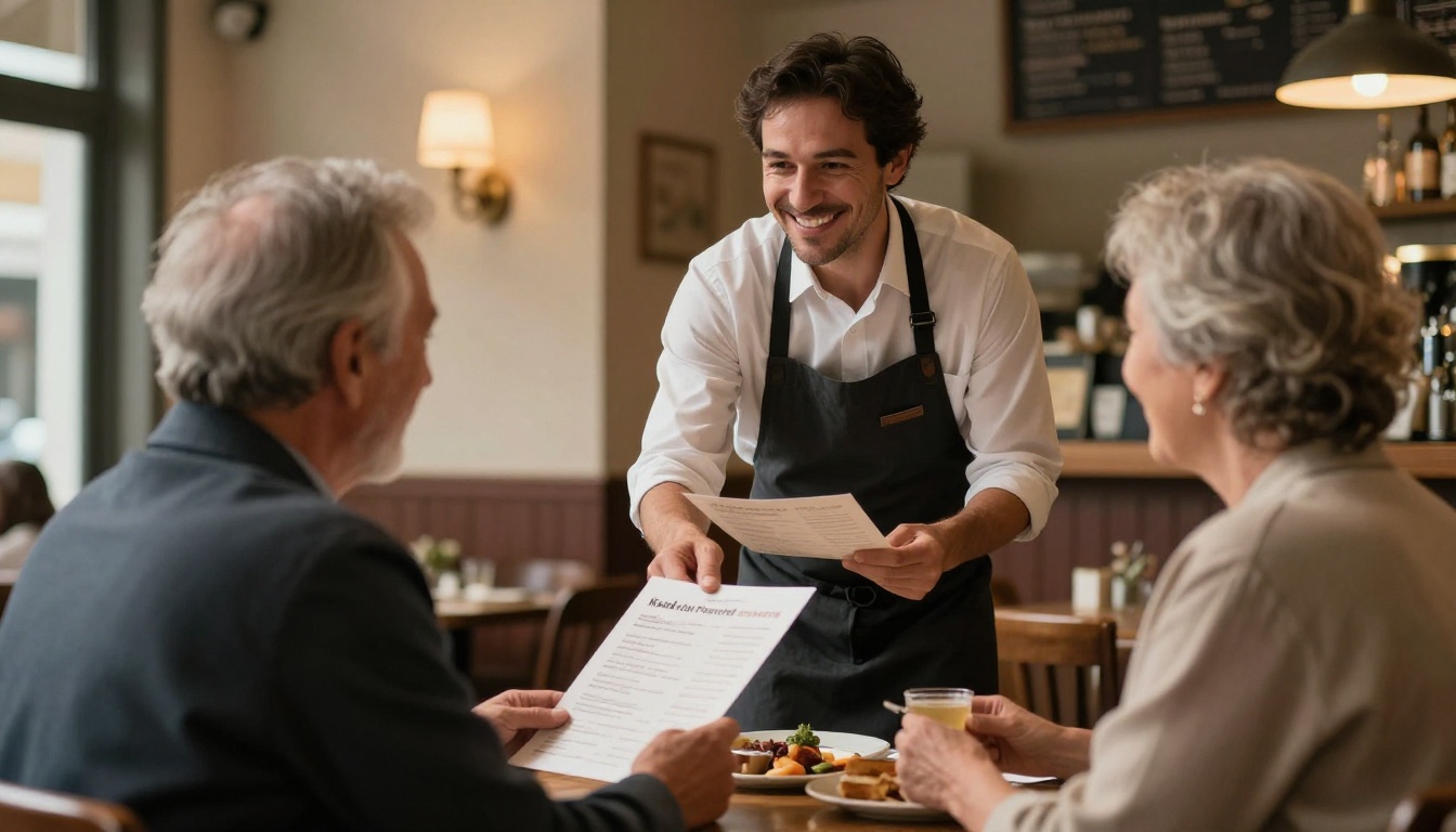 Smiling waiter taking a dinner order from an older couple holding a paper menu in a cozy trattoria Smiling waiter taking a dinner order from an older couple holding a paper menu in a cozy trattoria