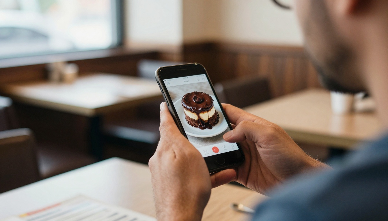 Over-the-shoulder view of a man scrolling a dessert menu on his phone with a lava cake photo visible Over-the-shoulder view of a man scrolling a dessert menu on his phone with a lava cake photo visible