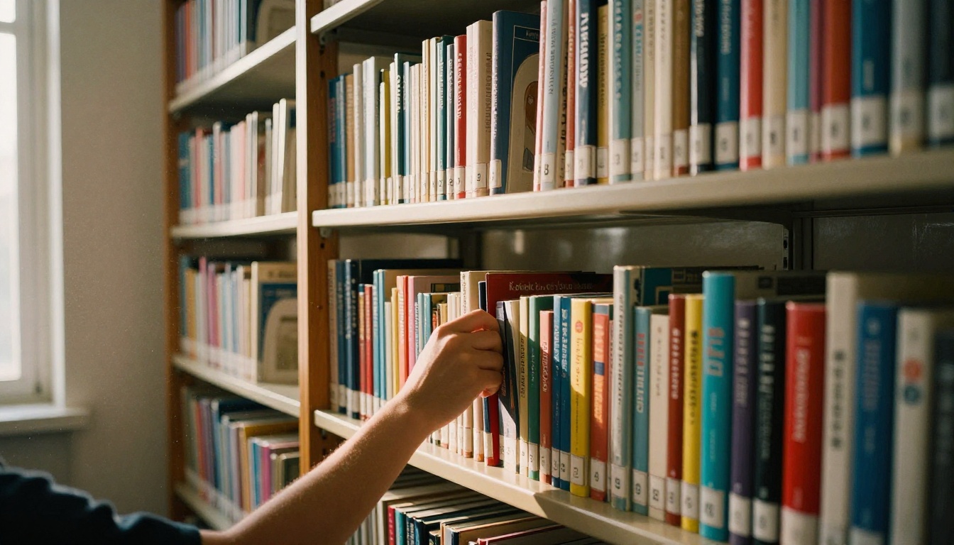 Student pulling a textbook from a tall school library shelf