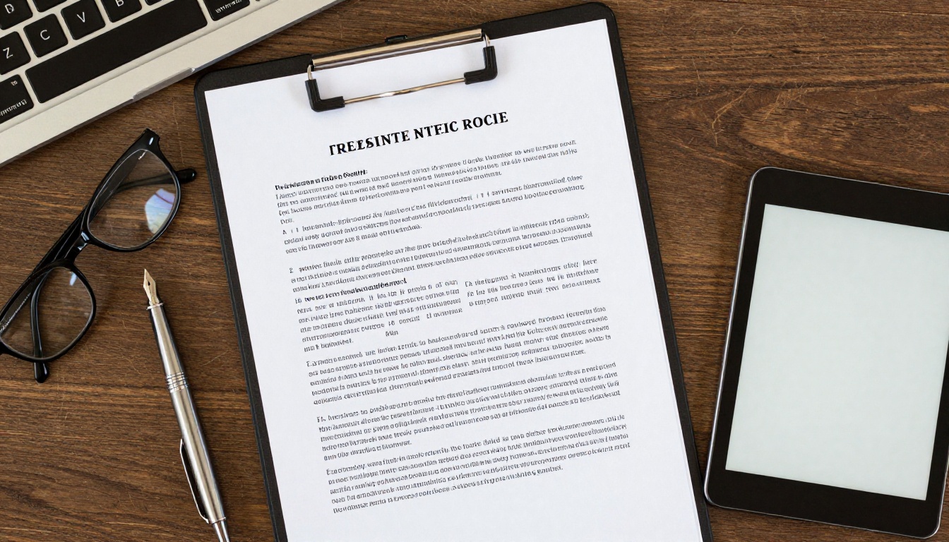 Overhead view of a desk with a printed privacy policy, glasses, and a tablet Overhead view of a desk with a printed privacy policy, glasses, and a tablet