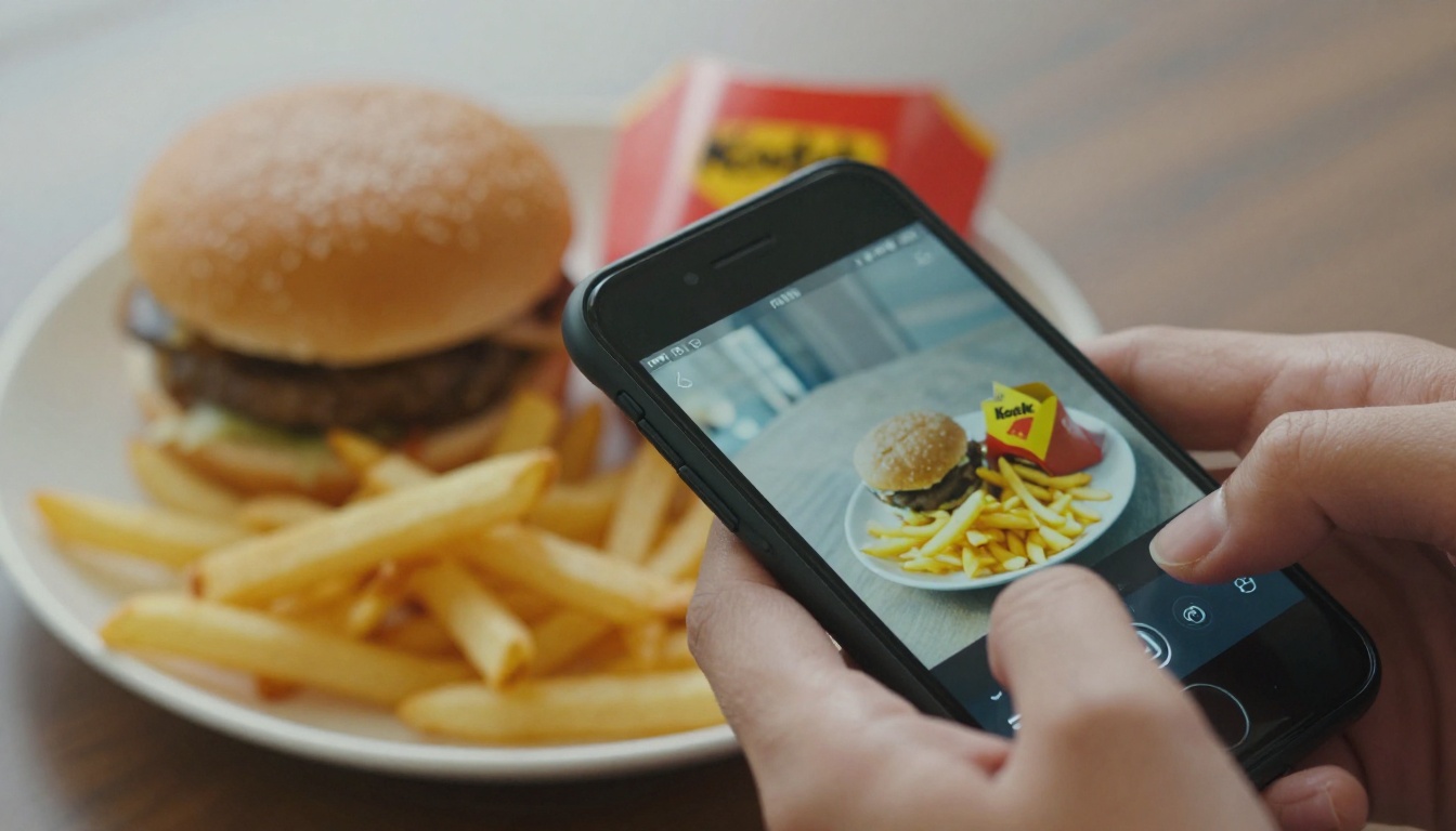 Close-up of hands tapping a smartphone screen to add fries to an order with a burger plate in soft focus Close-up of hands tapping a smartphone screen to add fries to an order with a burger plate in soft focus