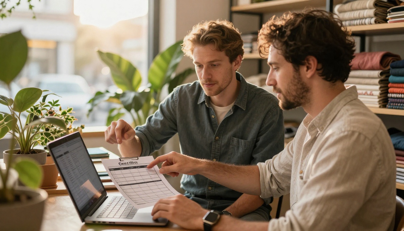 Two coworkers reviewing a printed checklist over a laptop Two coworkers reviewing a printed checklist over a laptop