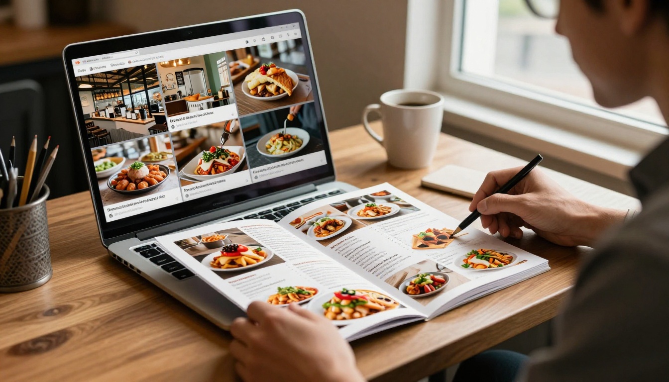 Restaurant manager reviewing a page-turning digital flipbook menu on a laptop in a small cafe office Restaurant manager reviewing a page-turning digital flipbook menu on a laptop in a small cafe office