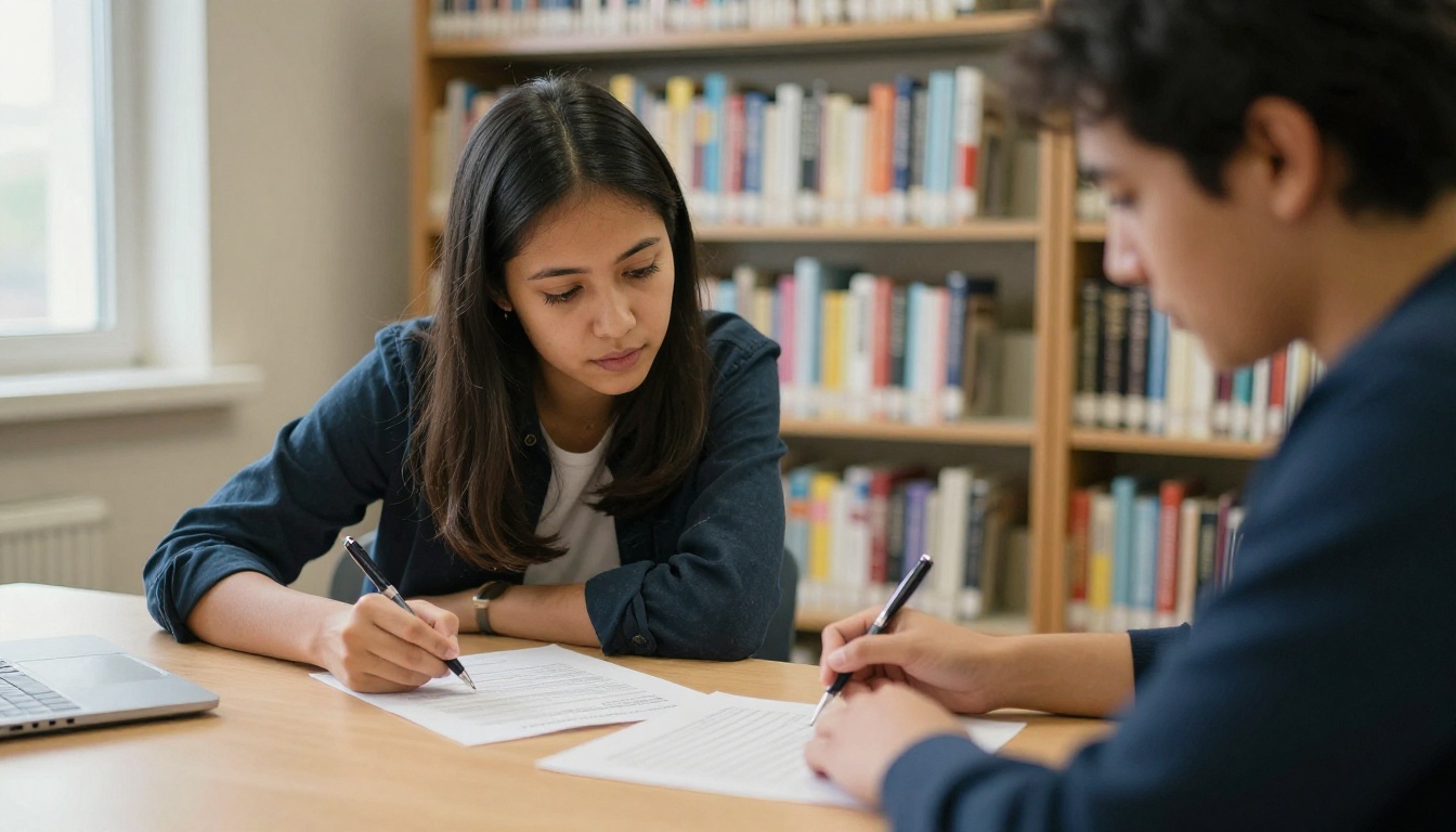 Librarian and teacher reviewing a printed licensing agreement at a library table