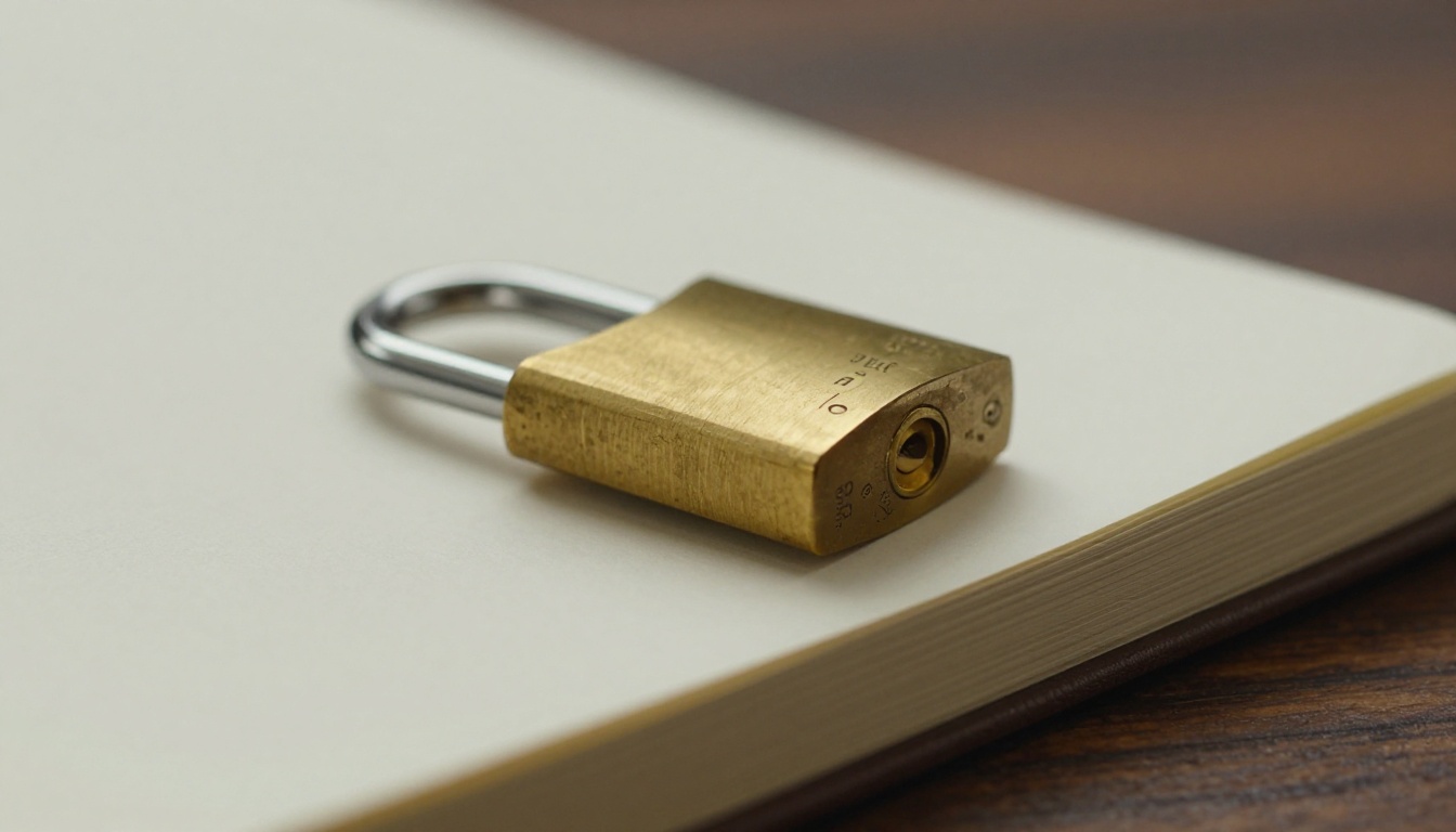Brass padlock resting on a notebook on a walnut surface Brass padlock resting on a notebook on a walnut surface