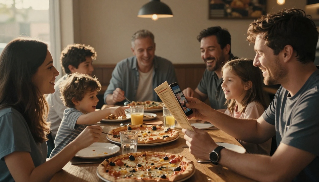 Family of four at a casual restaurant with a child pointing at a phone menu while pizza arrives Family of four at a casual restaurant with a child pointing at a phone menu while pizza arrives