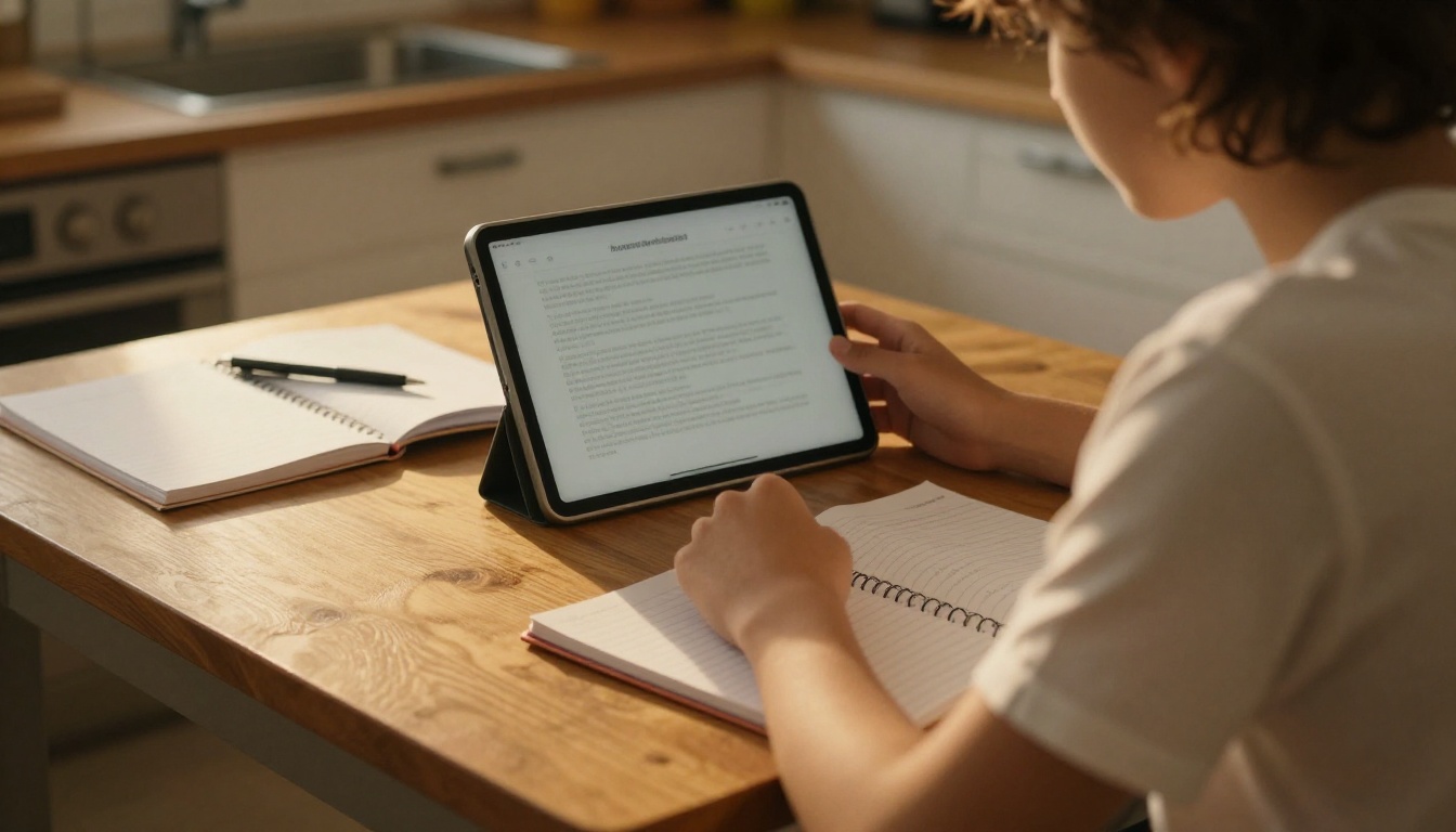 Student reading a digital book on a tablet at a kitchen table