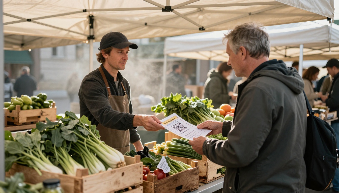 Market stall owner handing a brochure with a QR code to a customer Market stall owner handing a brochure with a QR code to a customer