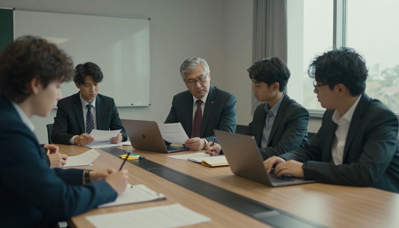 School staff around a conference table reviewing documents and a laptop