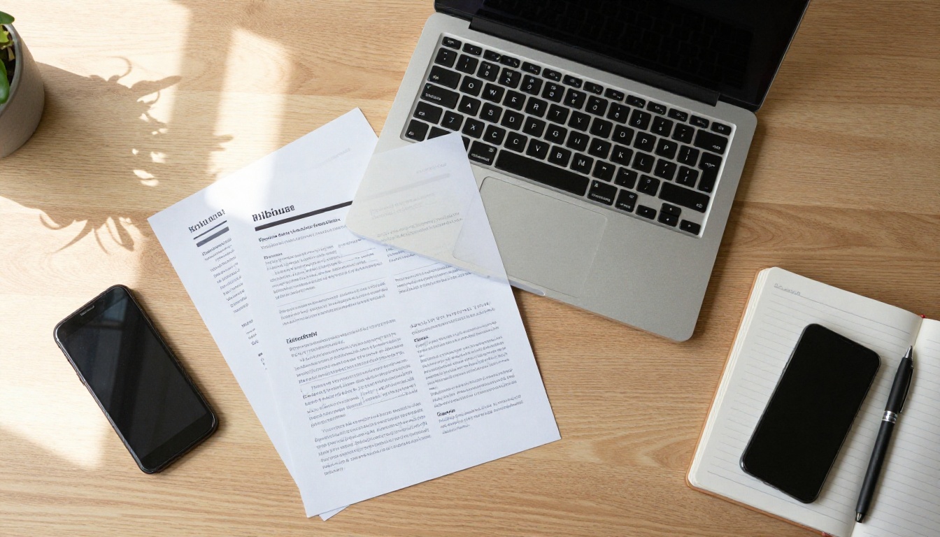 Aerial view of a desk with laptop, printed brochure and notebook Aerial view of a desk with laptop, printed brochure and notebook