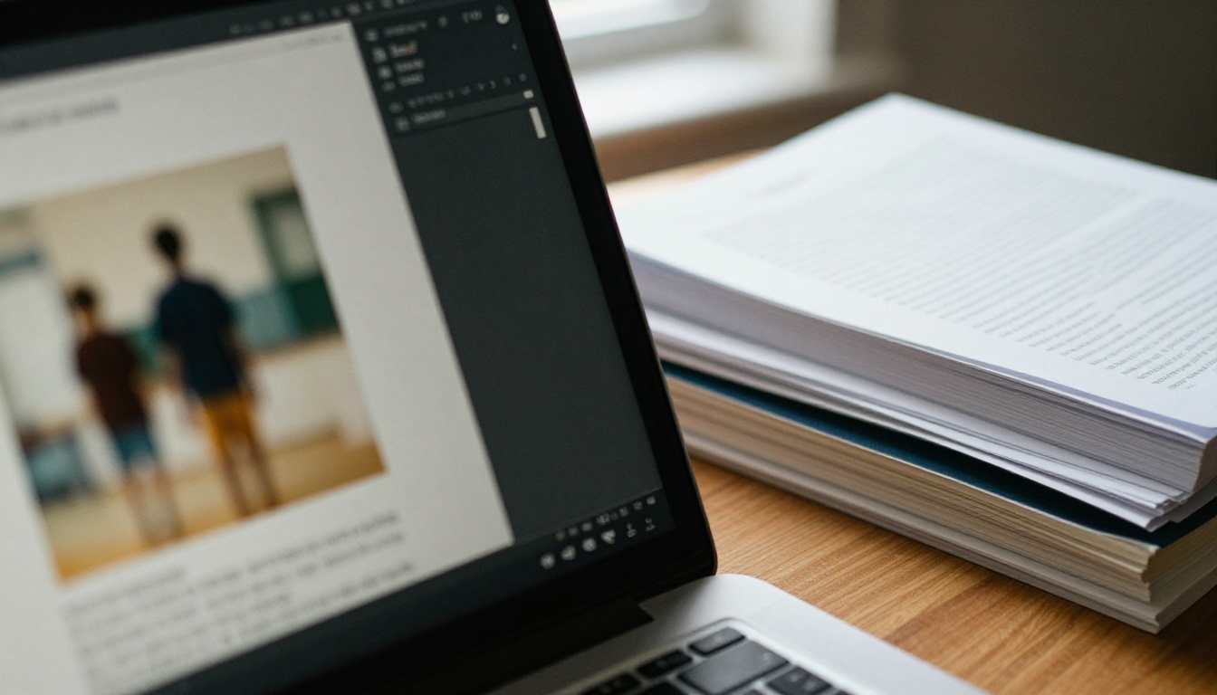 Laptop screen showing a digital page-turning book beside a stack of paper textbooks