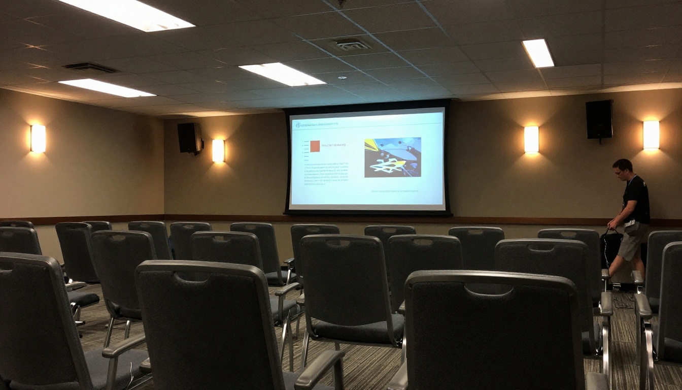 Low-angle view of a conference room screen with empty chairs Low-angle view of a conference room screen with empty chairs