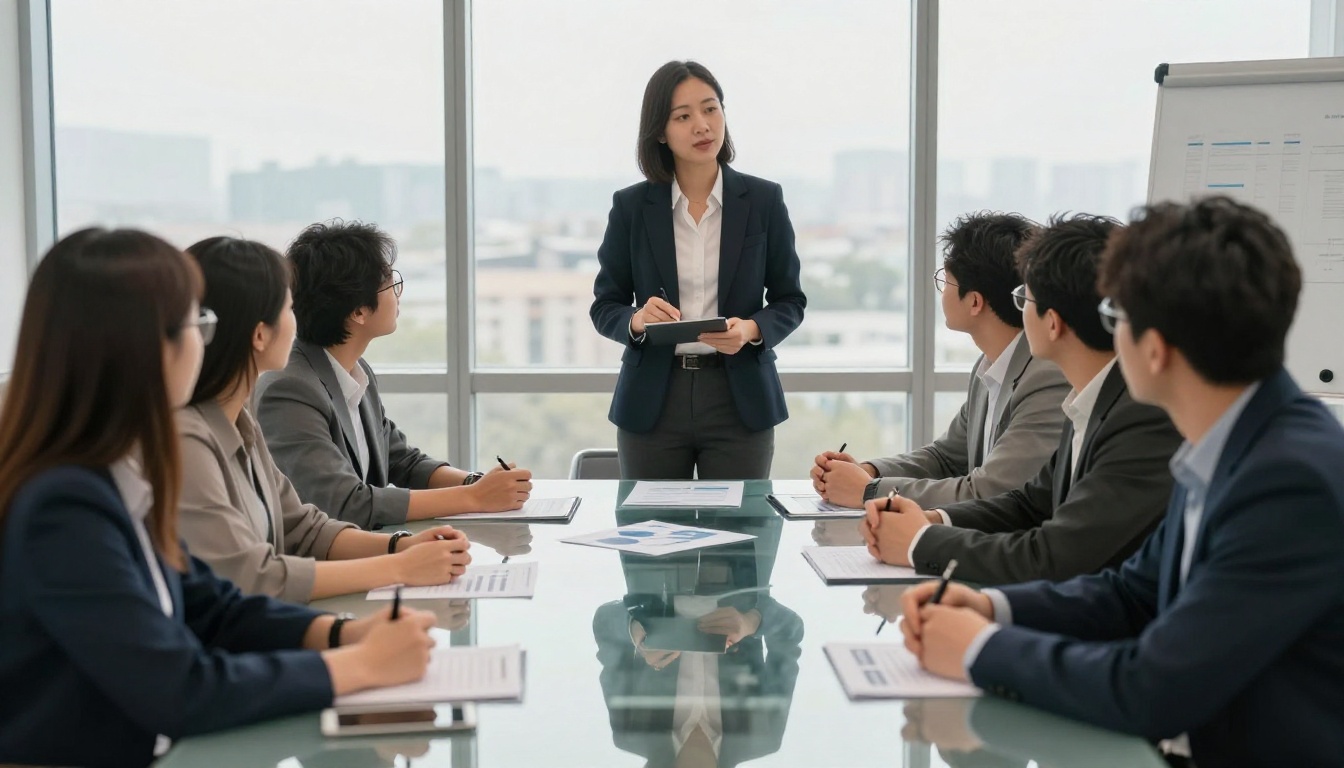 Marketing manager presenting to a small team at a meeting table Marketing manager presenting to a small team at a meeting table