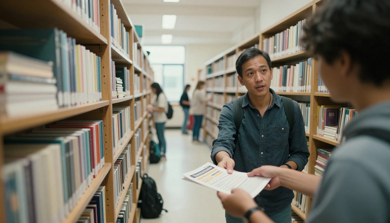 Teacher handing printed handouts to students in a school hallway