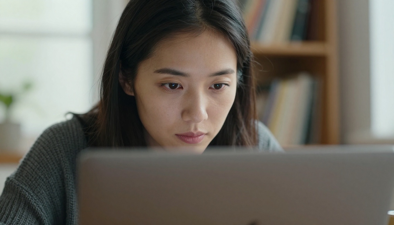 Woman reading a document on a laptop in a home office Woman reading a document on a laptop in a home office