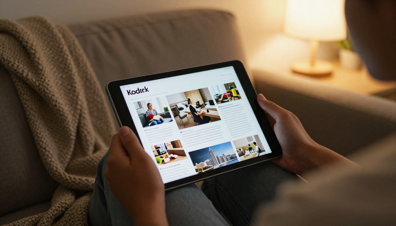Reader holding a tablet displaying a digital flipbook on a sofa Reader holding a tablet displaying a digital flipbook on a sofa