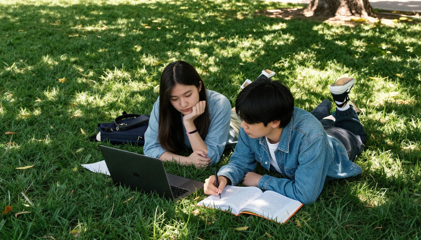 Two students studying together on a campus lawn with a laptop and books