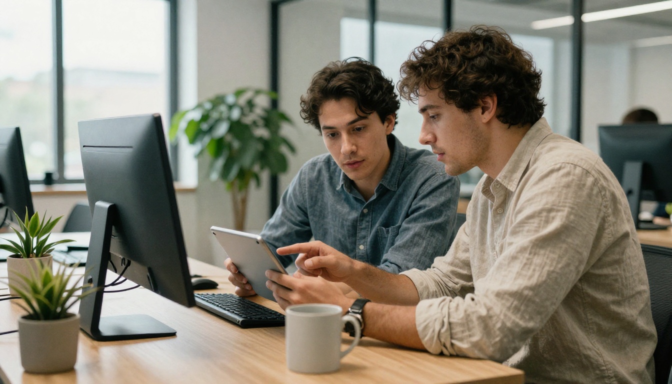 Two colleagues reviewing a tablet at a standing desk Two colleagues reviewing a tablet at a standing desk