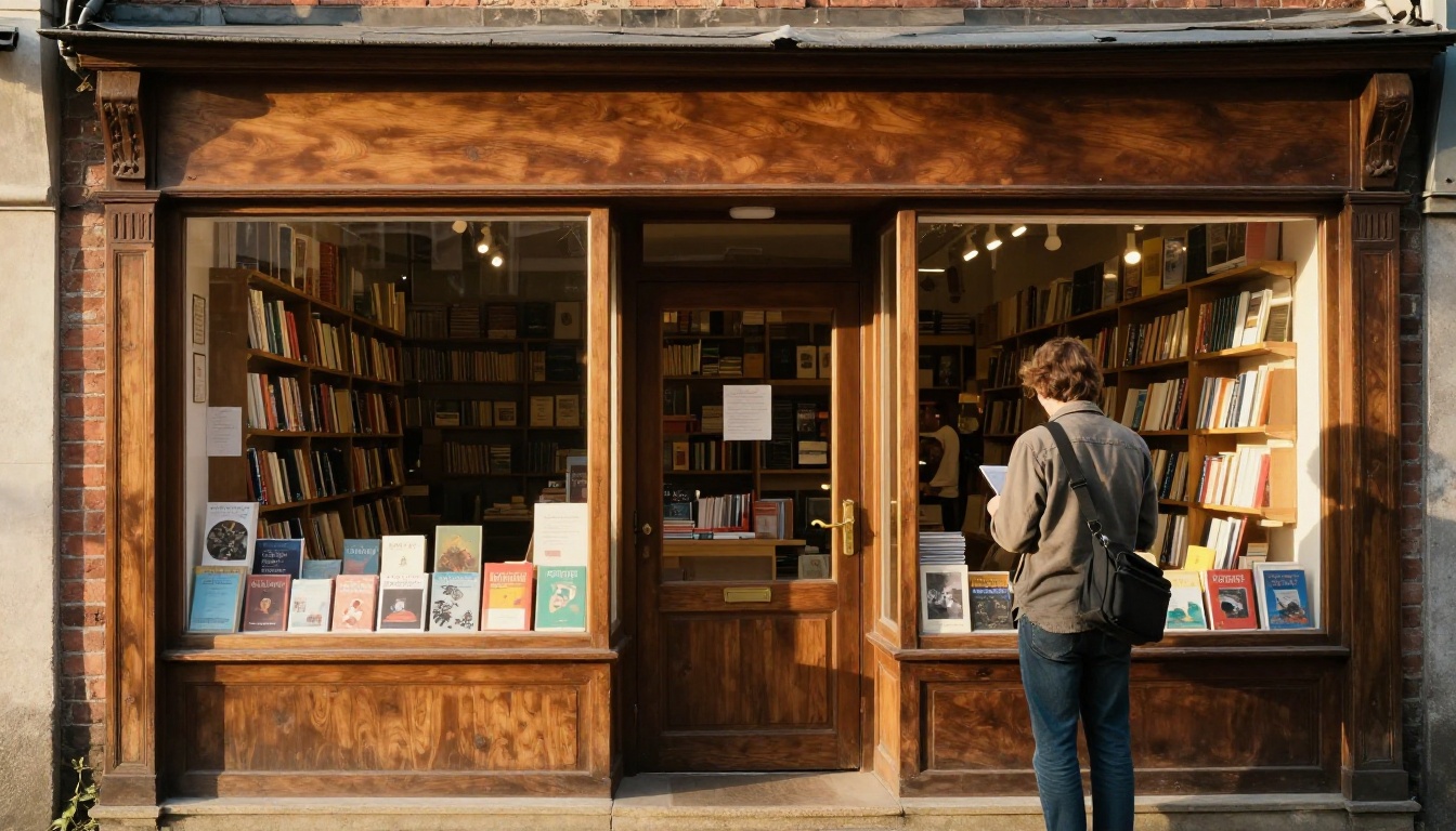 Bookshop owner closing the shop door at golden hour Bookshop owner closing the shop door at golden hour