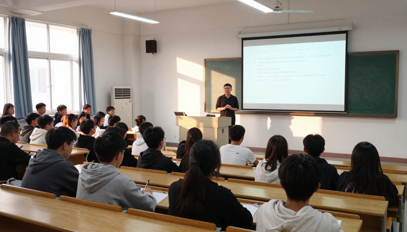Lecture hall with a speaker and seated students in golden light Lecture hall with a speaker and seated students in golden light