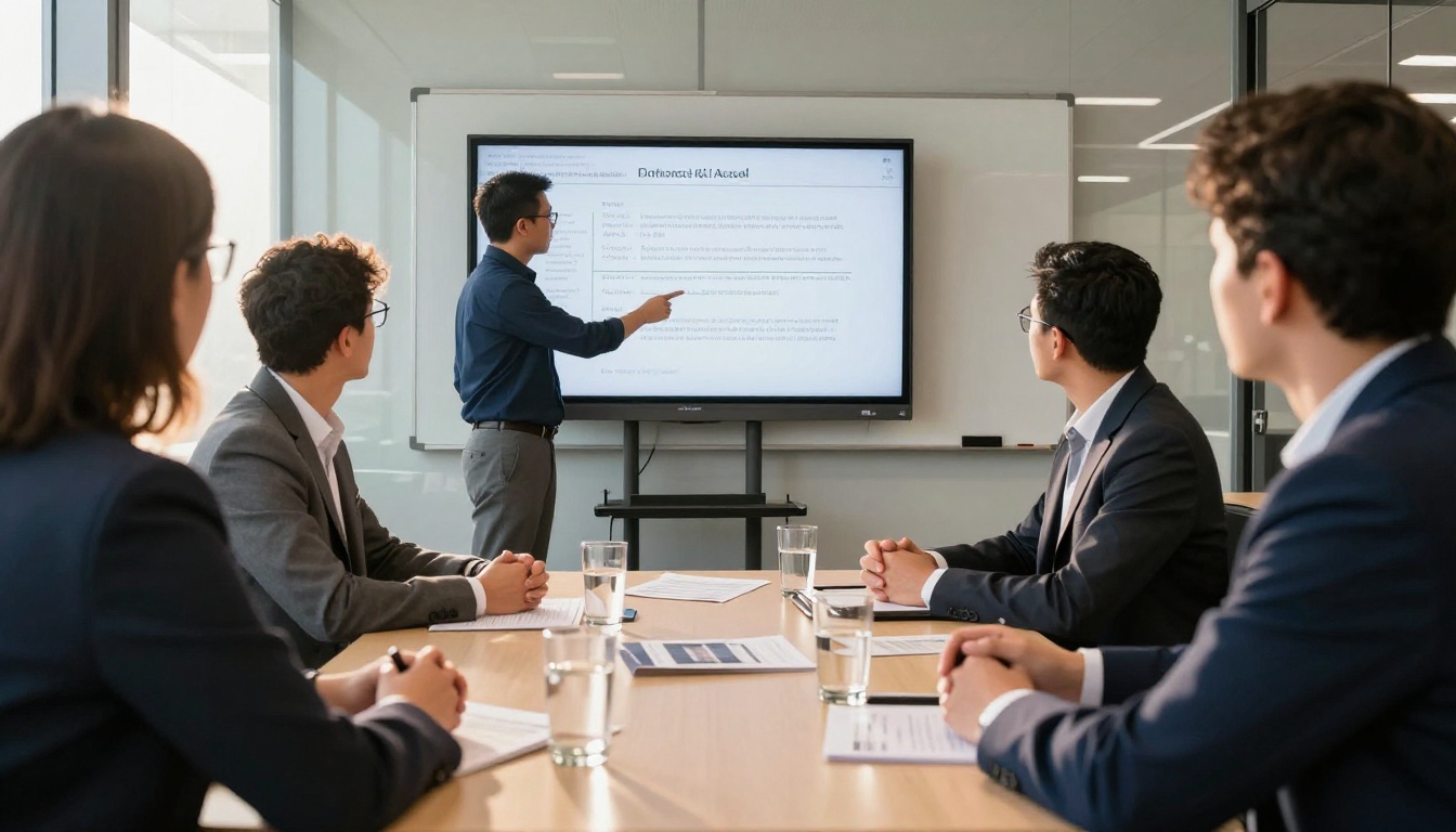 Sales meeting in a glass-walled room with a presenter at a wall screen Sales meeting in a glass-walled room with a presenter at a wall screen