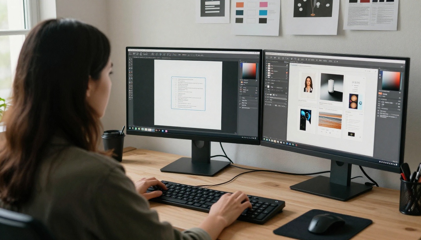 Designer exporting a PDF at a dual-monitor workstation Designer exporting a PDF at a dual-monitor workstation