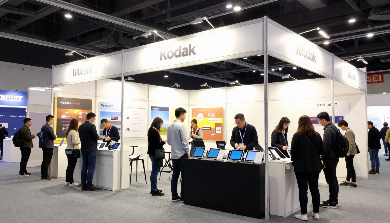 Trade show booth with visitors using a tablet kiosk Trade show booth with visitors using a tablet kiosk
