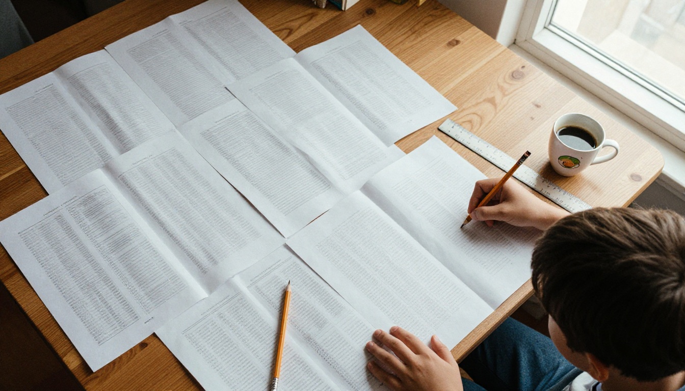 Printed sheets folded into 32-page signatures on a wooden desk