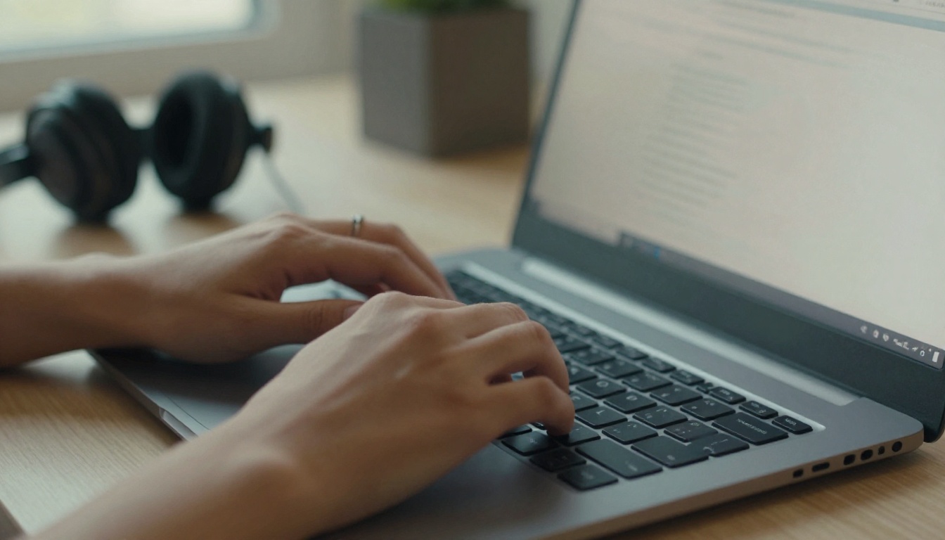 Hands typing on a laptop beside headphones used by a screen reader user