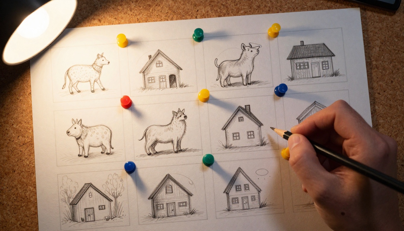 Hand-drawn storyboard thumbnail grid pinned to a corkboard