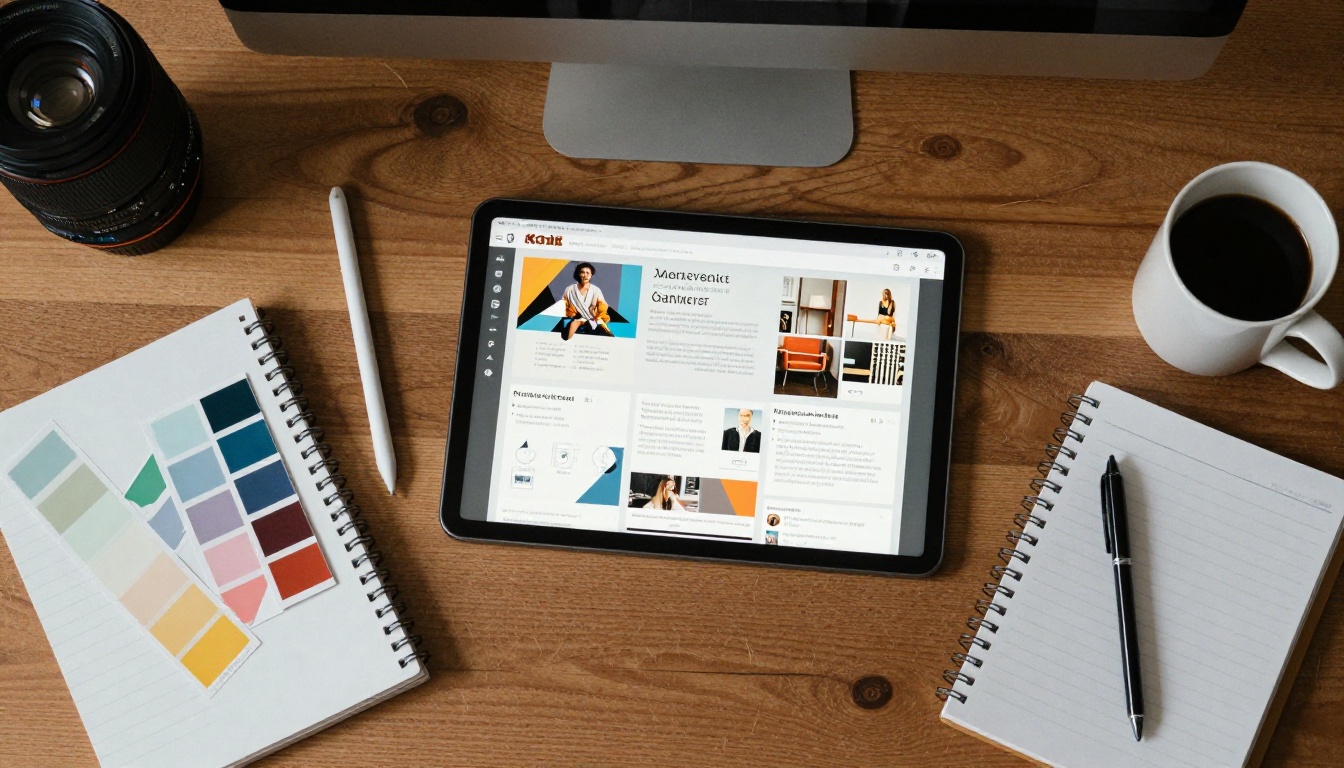 A graphic designer's desk seen from above with a tablet showing a colorful layout