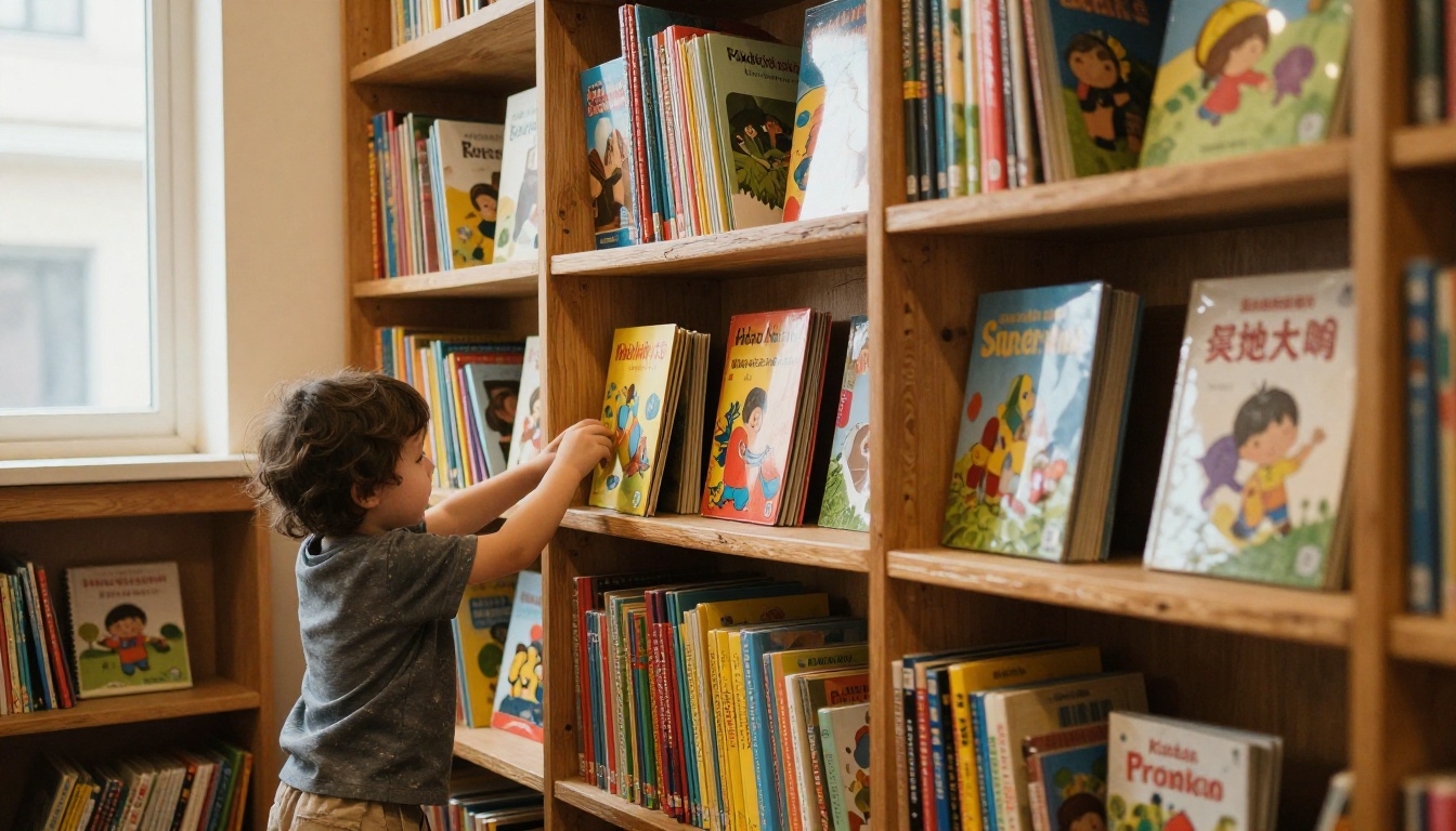 Children's bookstore shelf with picture books of different thicknesses