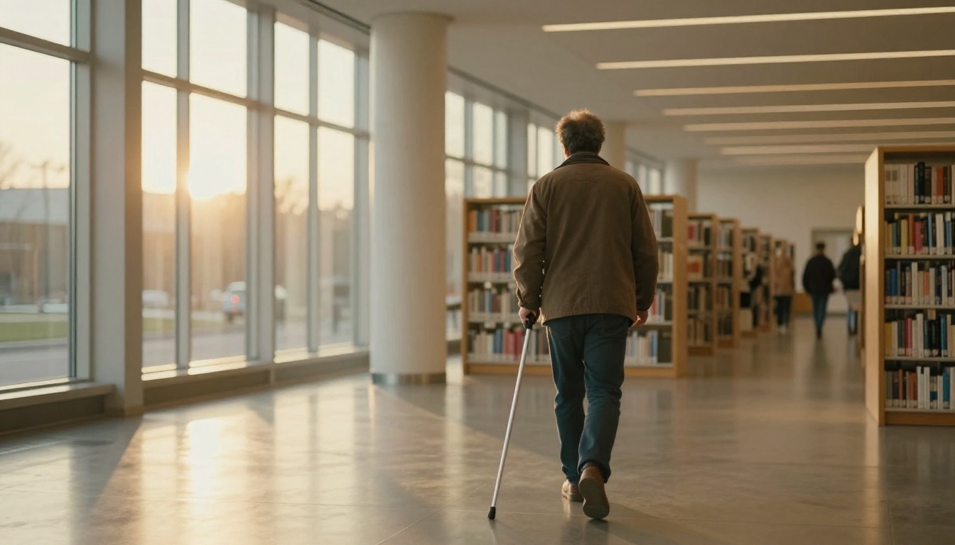 A man with a white cane entering a bright modern library