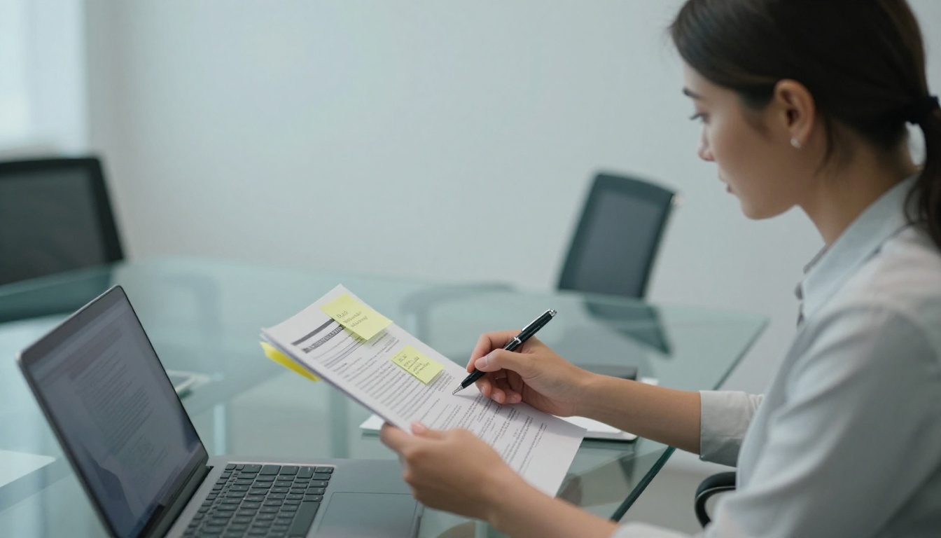 A young professional reviewing a printed report with sticky notes