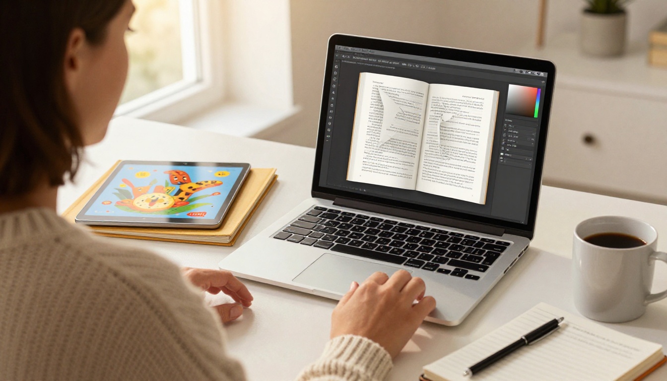 Author working on a digital picture book at a laptop with a tablet beside her