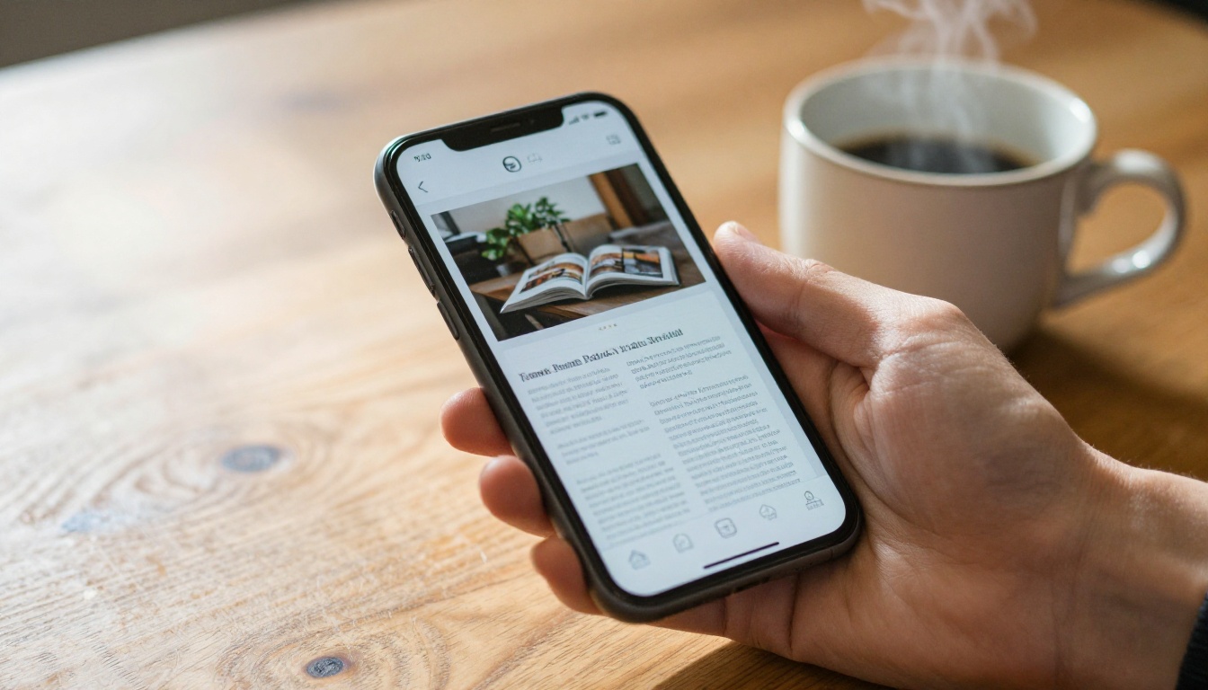 A person reading a magazine page on a smartphone at a cafe table