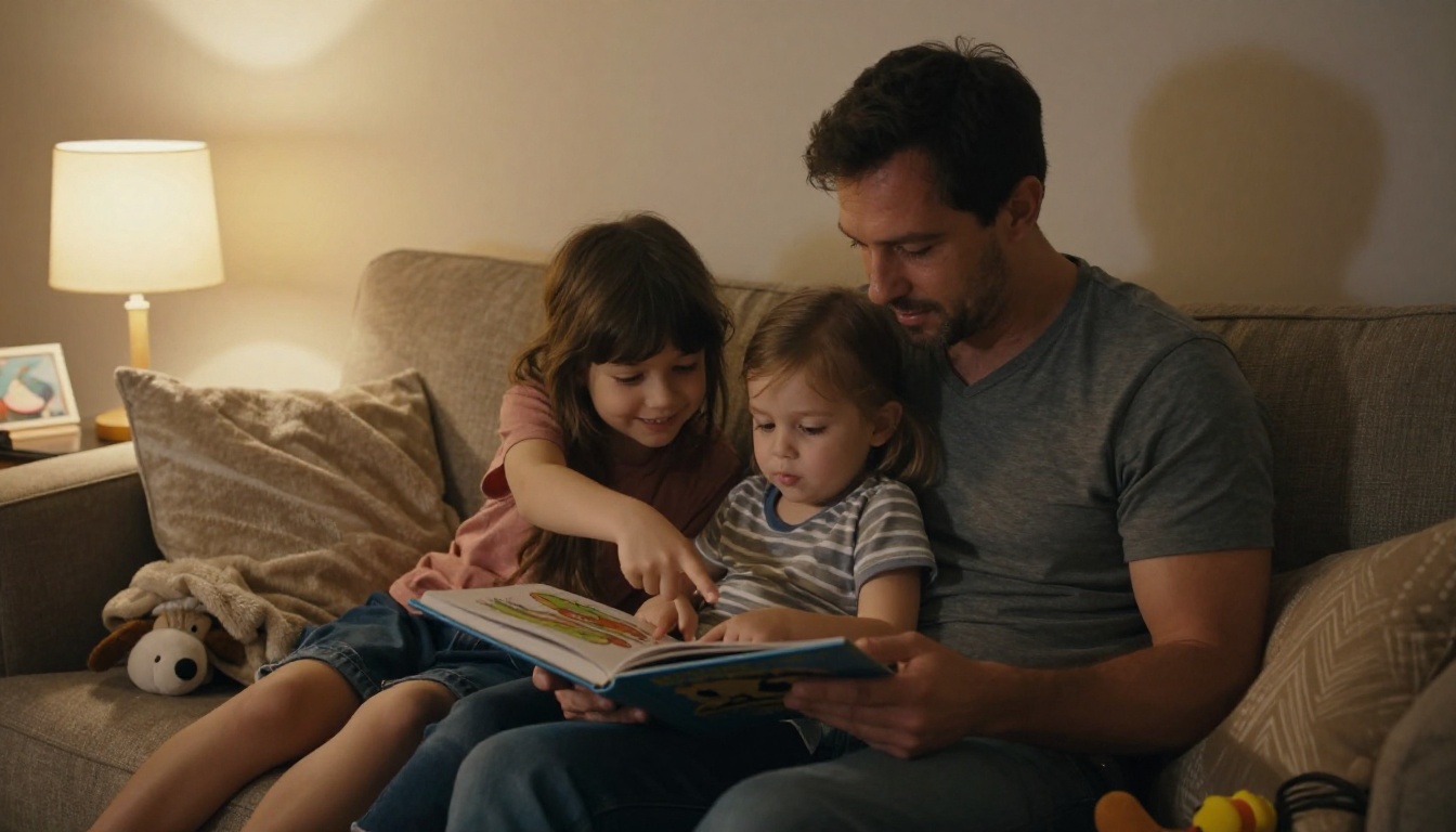 Father reading a picture book to two children at bedtime