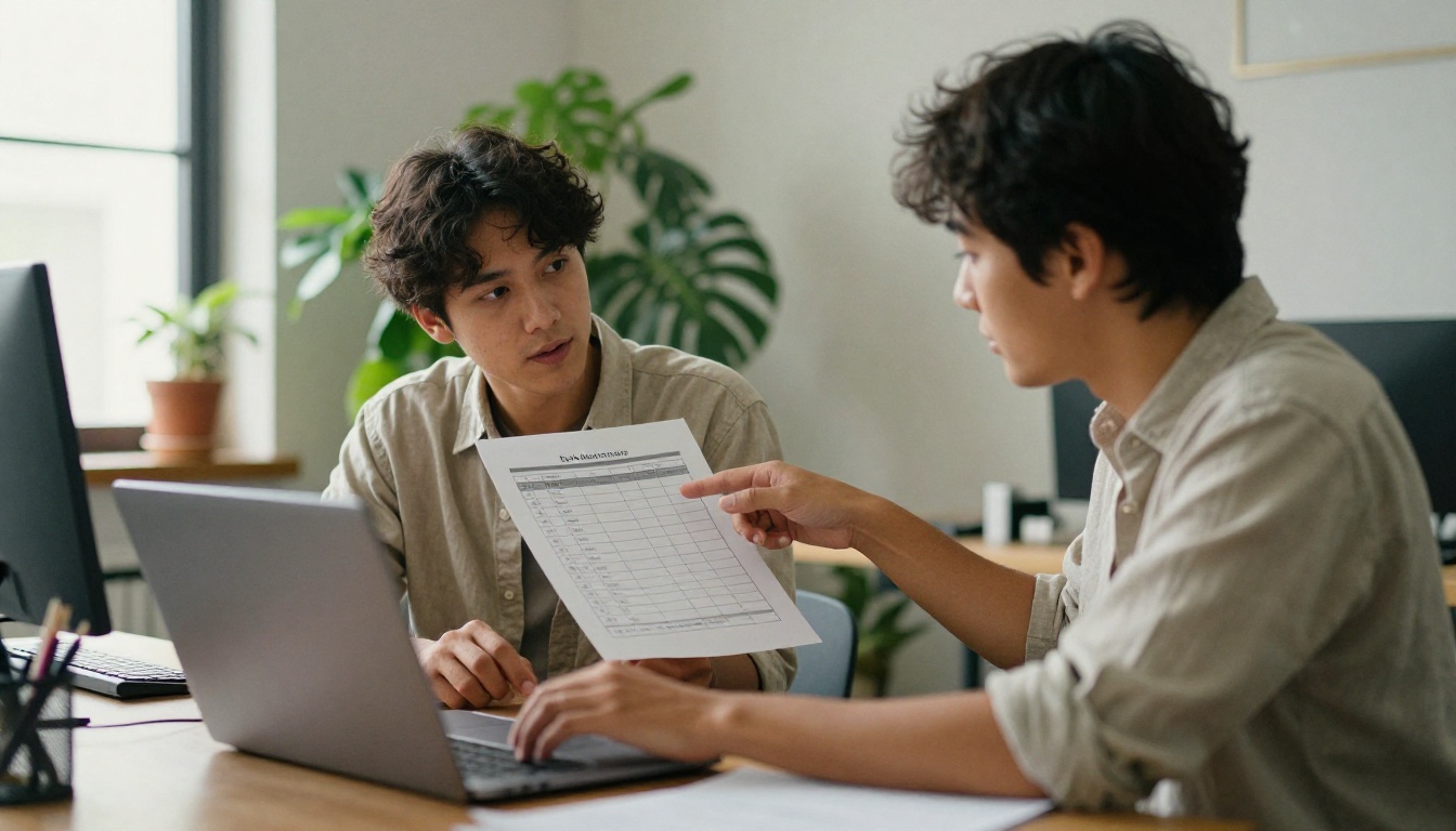 Two colleagues reviewing a printed checklist beside a laptop in a sunlit workspace
