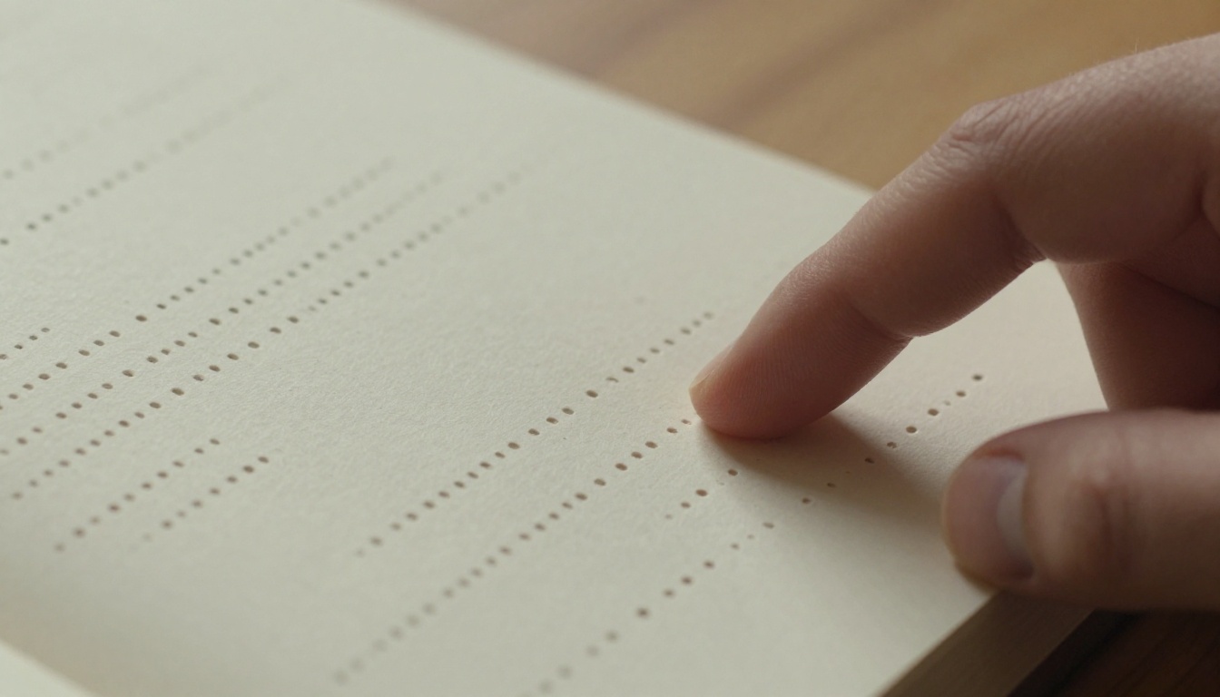 Fingertips reading a braille page on a wooden table