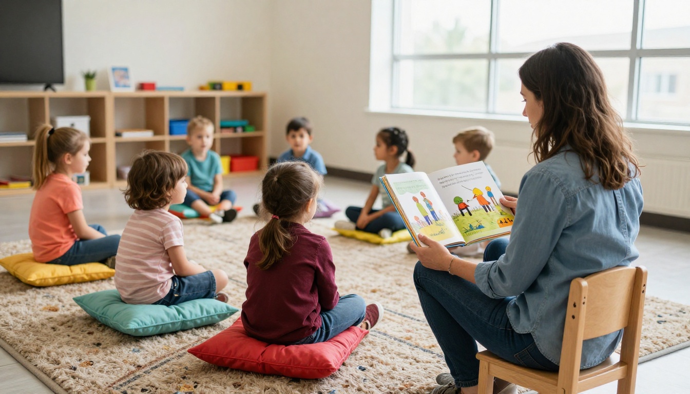 Teacher reading a picture book to kindergarten children in a classroom