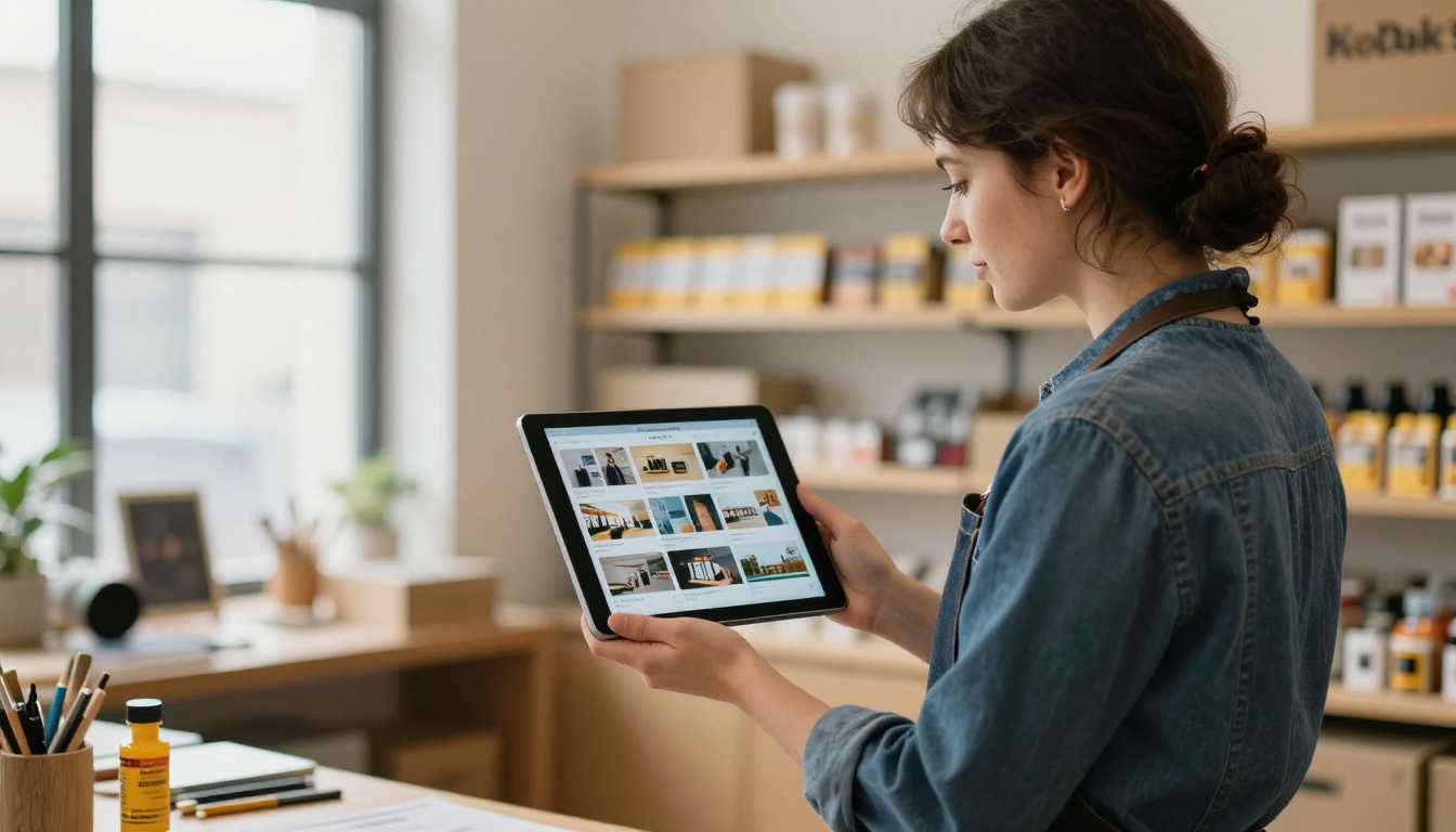 A small business owner in a studio holding a tablet with a digital catalog