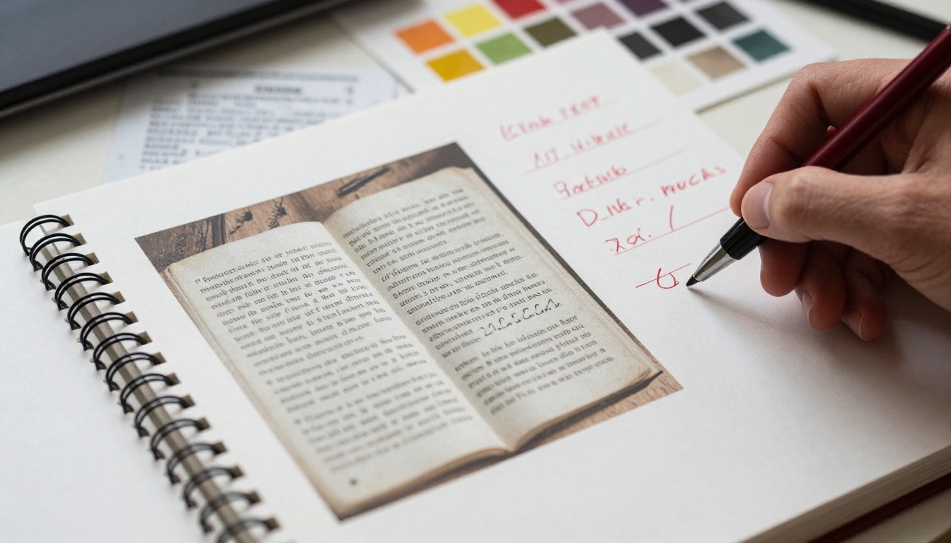 Picture book dummy with spiral binding and red pen notes on a desk
