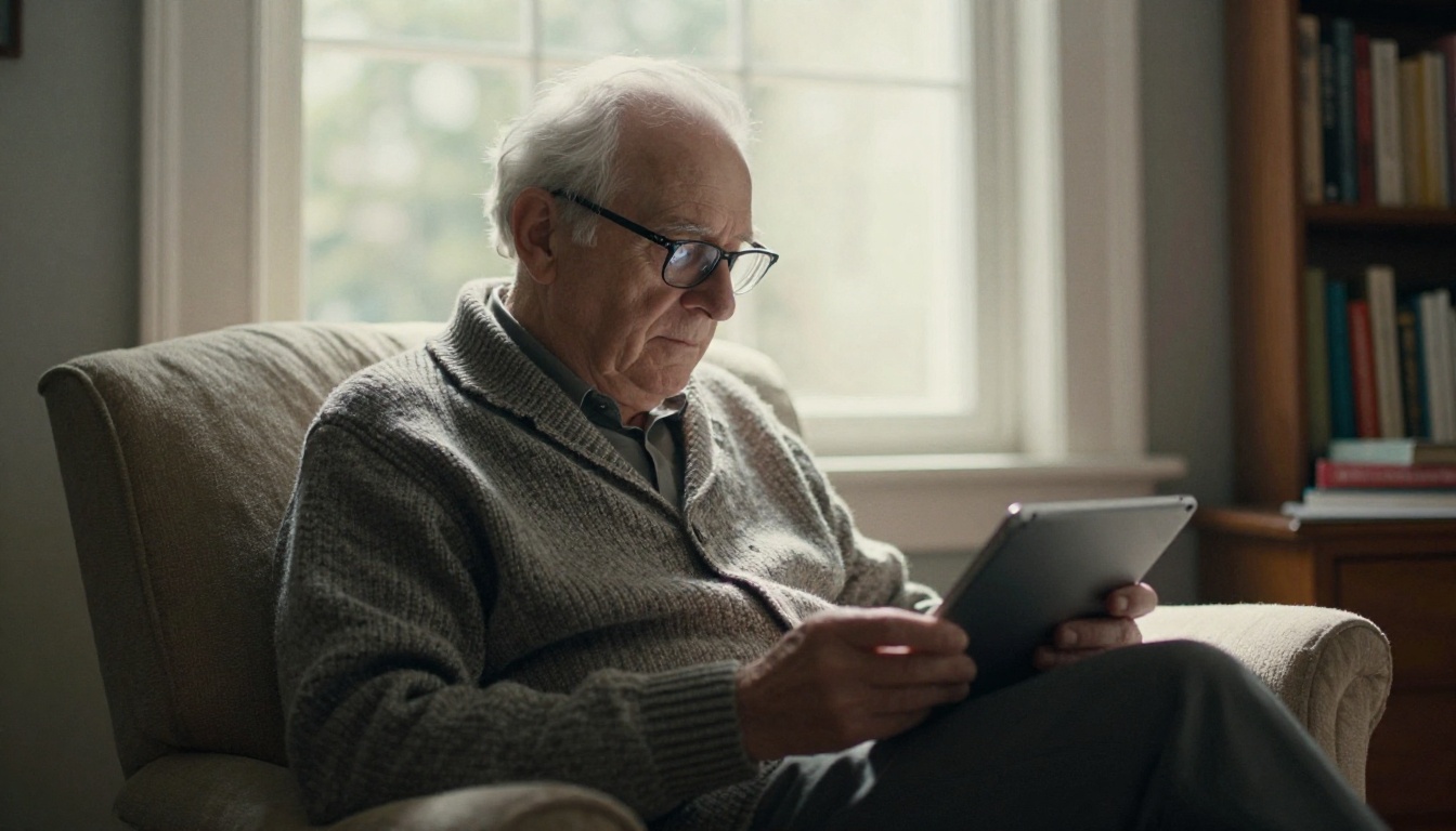 An elderly man with glasses reading a tablet in an armchair by a sunny window
