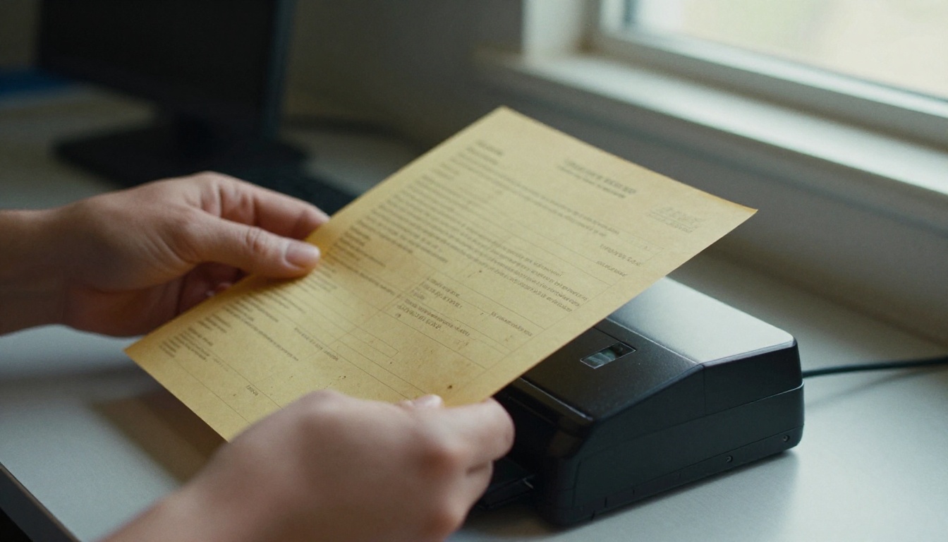 Hands feeding a paper form into a desktop scanner