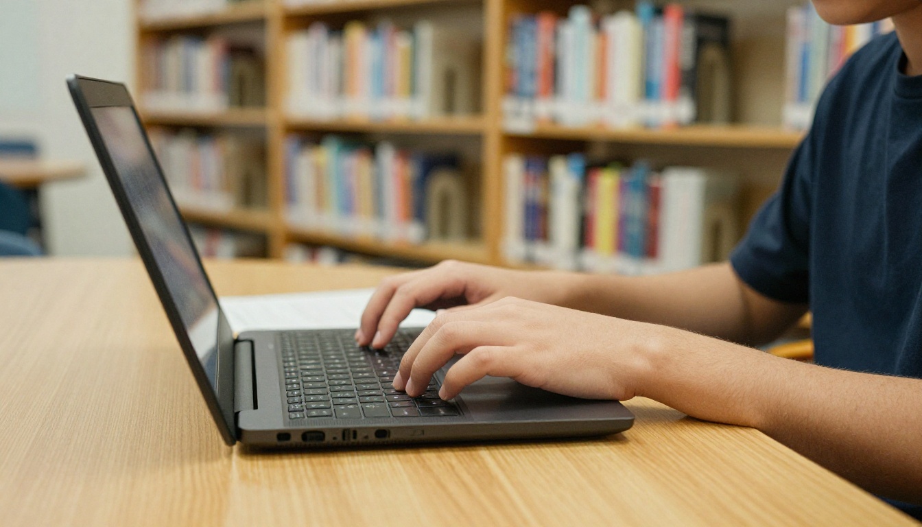 Student using a laptop with a refreshable braille display