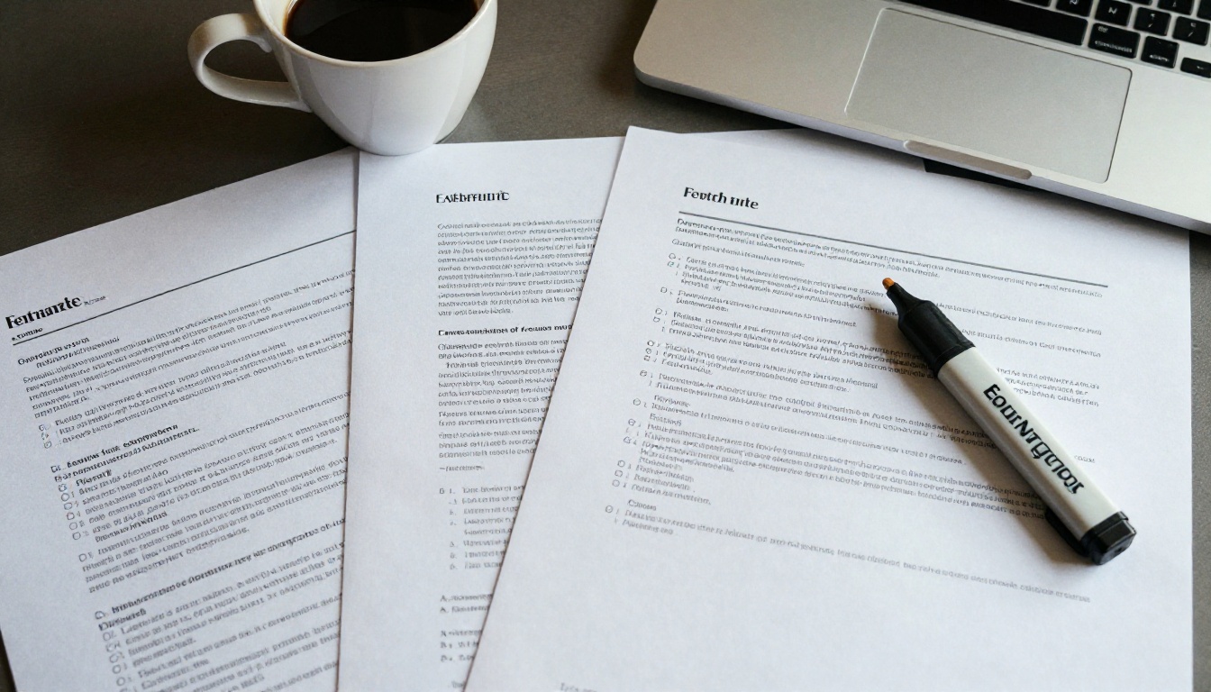 Overhead view of a desk covered in printed pages beside a laptop