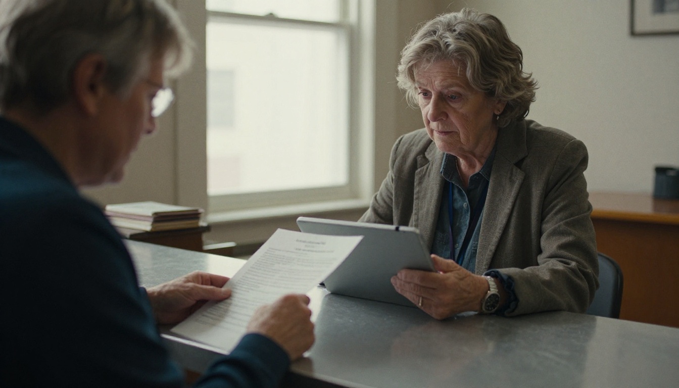 Clerk helping an elderly resident read a document on a tablet