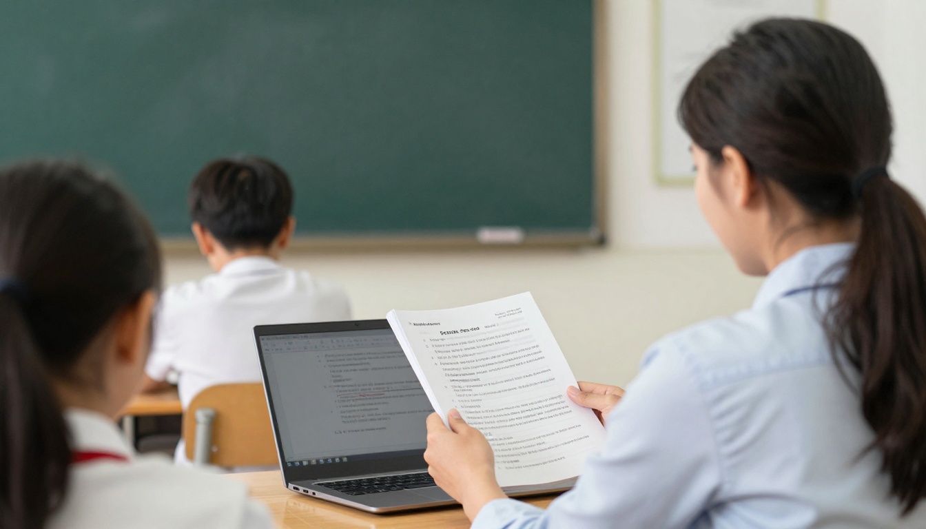 Teacher reviewing a printed school handbook beside a laptop