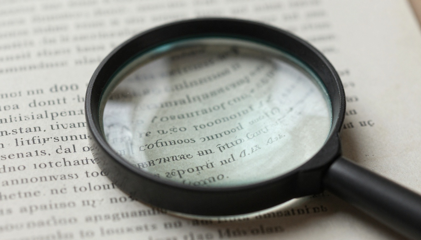 Magnifying glass over a page of small printed text