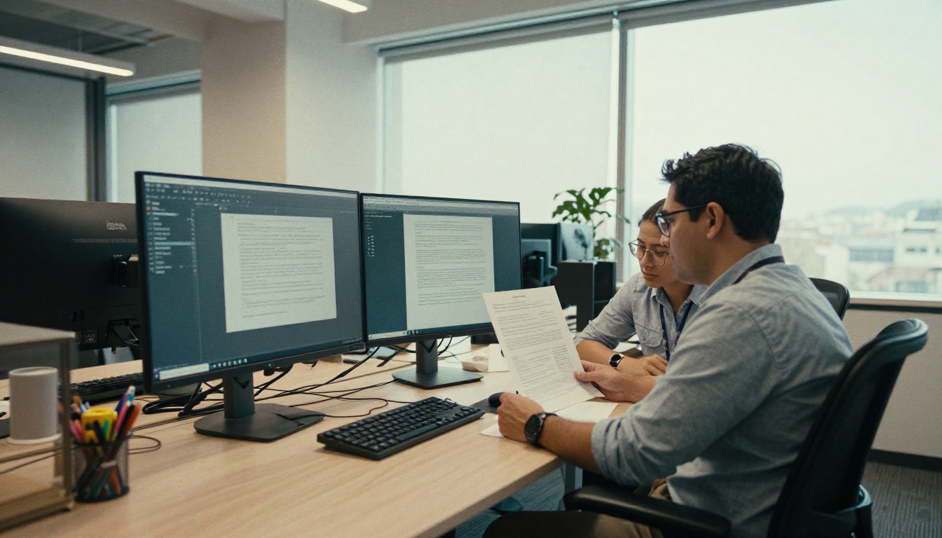 Accessibility specialist and colleague reviewing a document on a large monitor